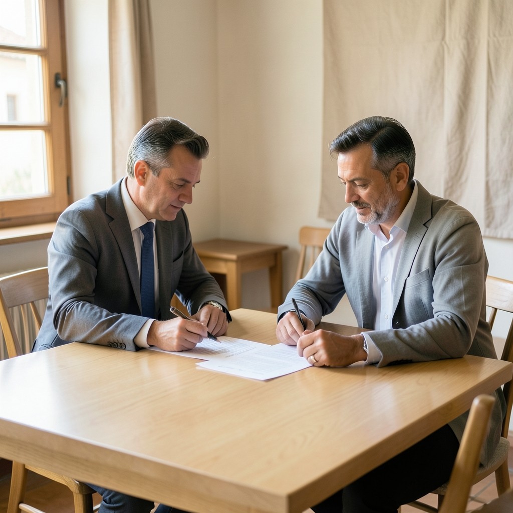 Equipo de consultores laborales revisando documentación en una mesa de madera clara