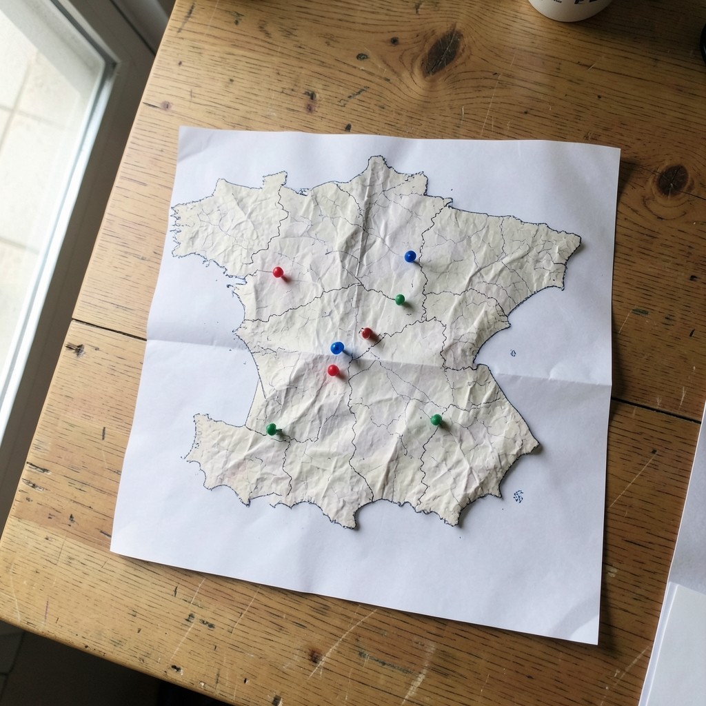 Mapa físico de España sobre una mesa con chinchetas marcando rutas de traslado