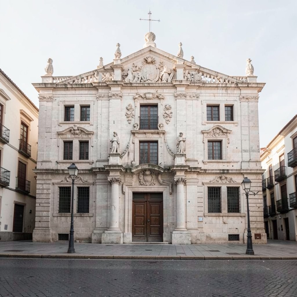 Fachada de un ayuntamiento español con cola tranquila en la acera