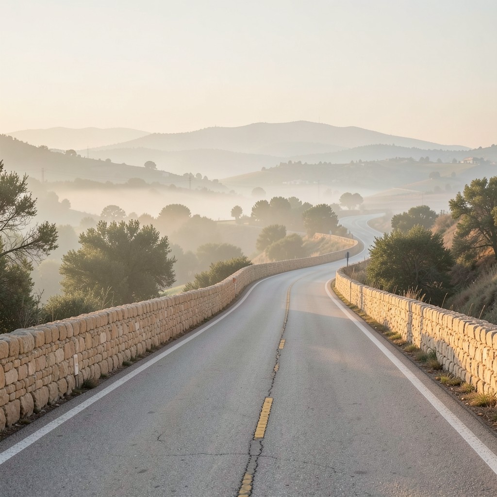 Carretera rural entre paisajes de distintas comunidades autónomas de España al amanecer