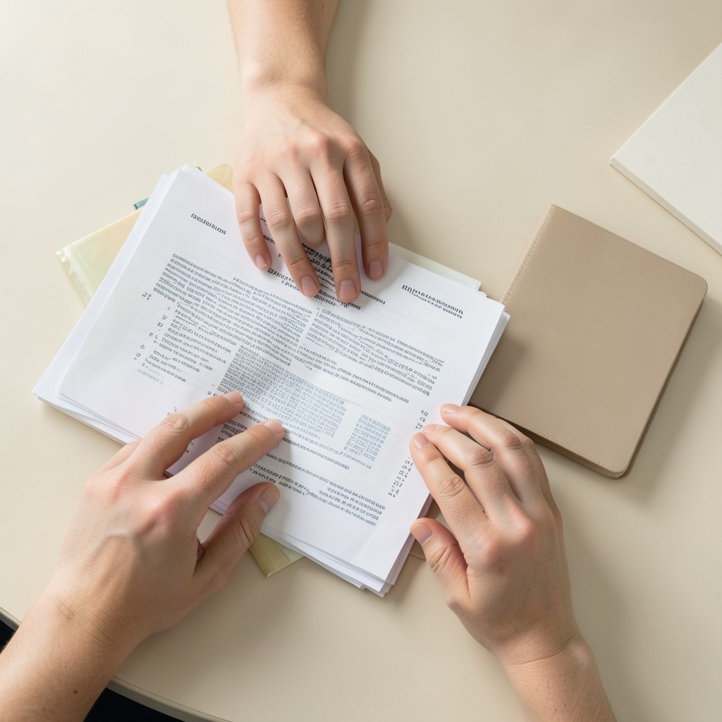 Persona organizando papeles de contrato y empadronamiento sobre un escritorio